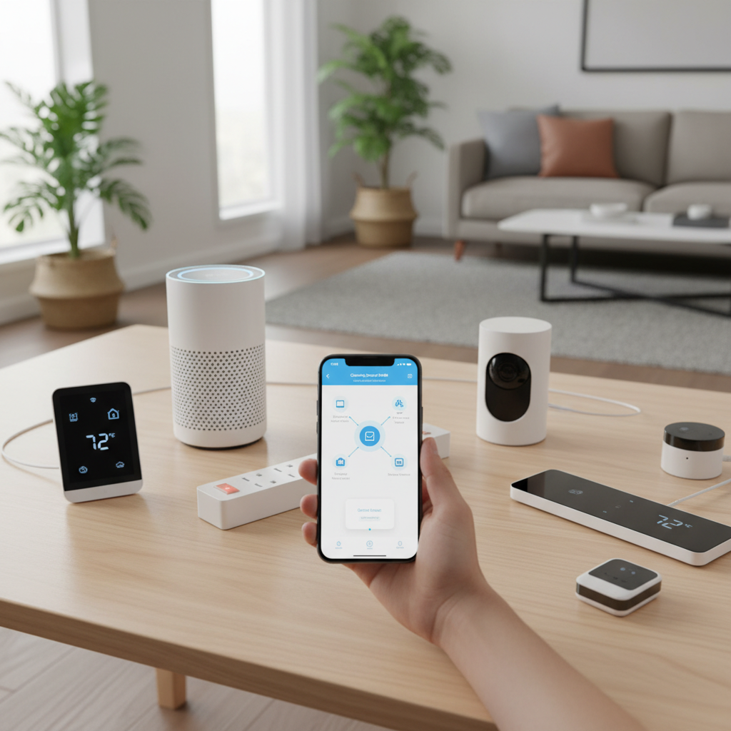 Smart home automation dashboard showing device controls and mobile integration