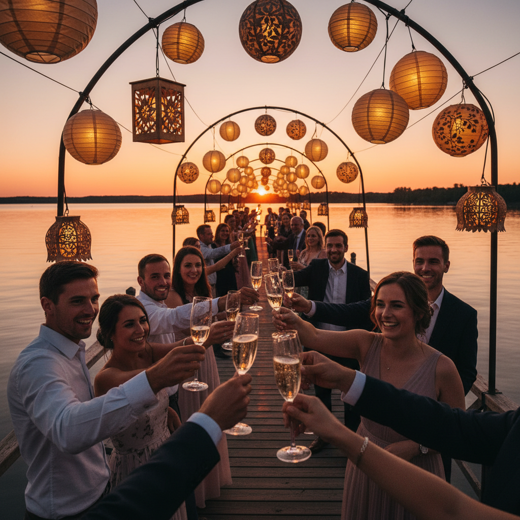Wedding guests with champagne on lantern-lit dock at sunset over still lake water