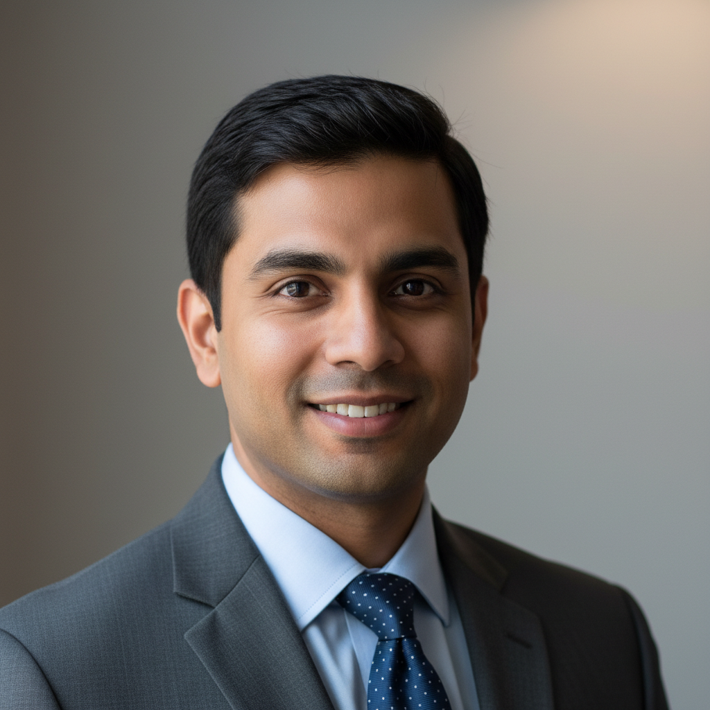Professional headshot of Indian man with short dark hair in black shirt with friendly expression