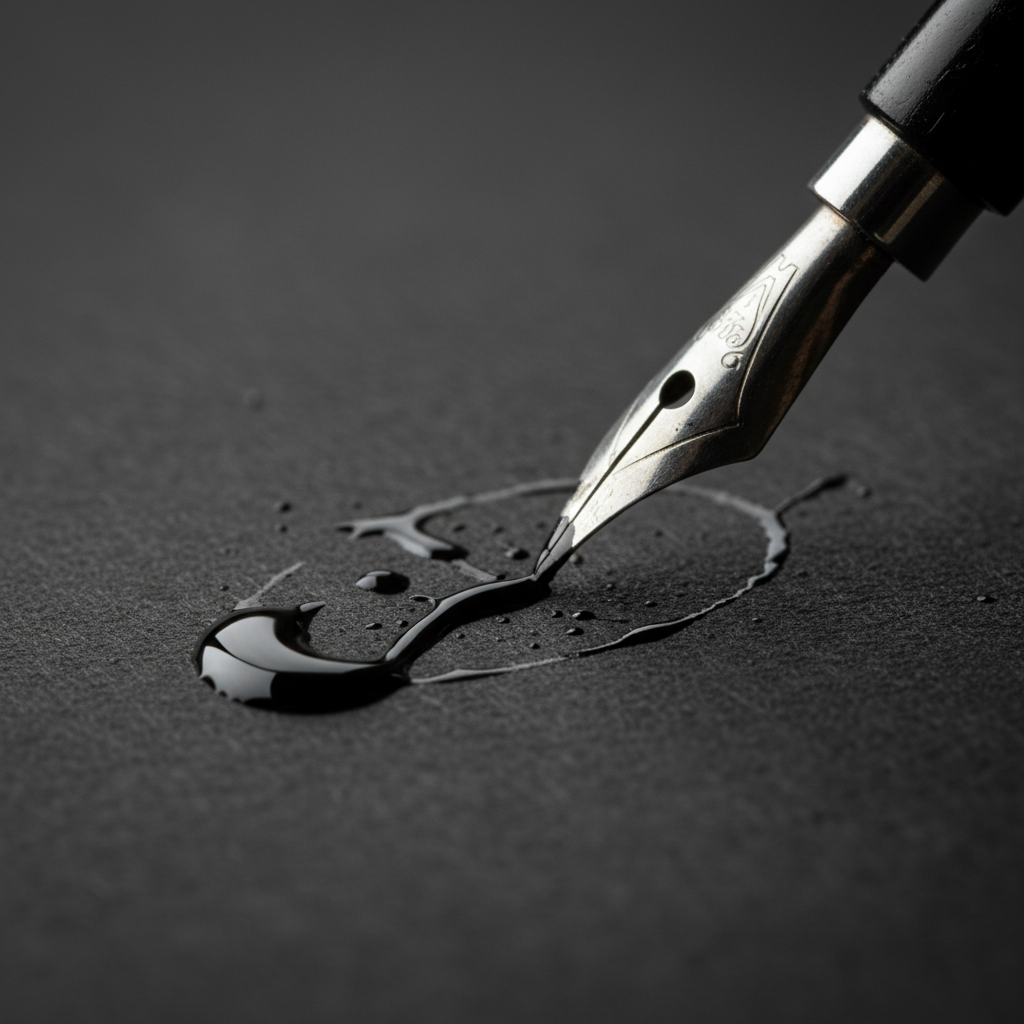Close-up of calligraphy nib dragging wet ink across black paper in studio lighting