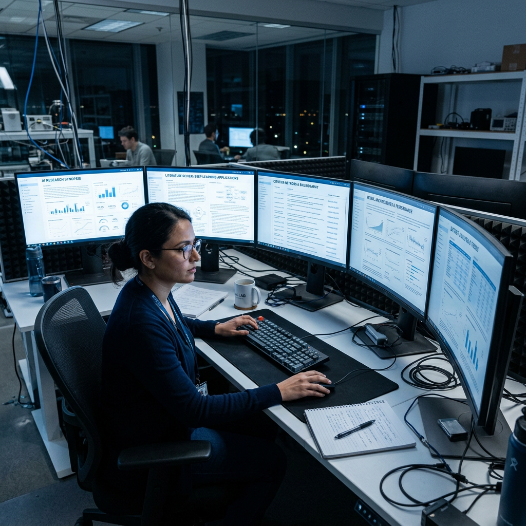 Researcher looking at multiple screens with AI-generated research summaries and citations