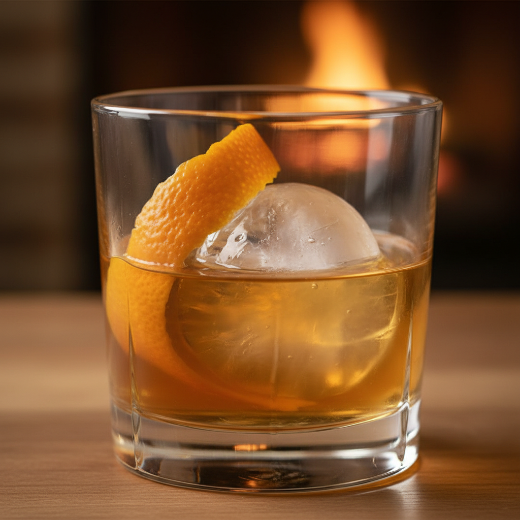 Craft cocktail with orange peel garnish and ice sphere in a crystal glass