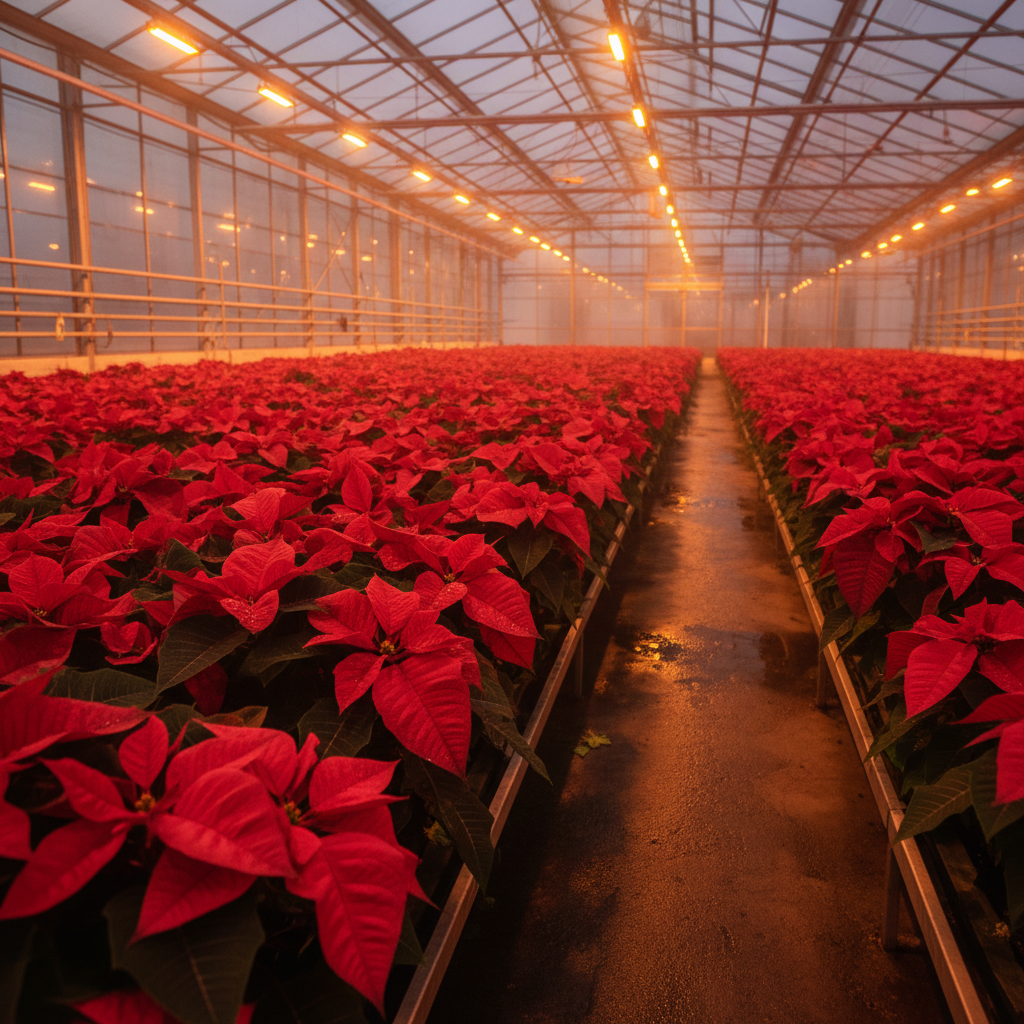 Poinsettias glowing deep red under sodium lamps in a quiet winter greenhouse interior