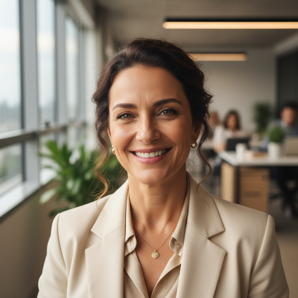 Young Brazilian woman professional smiling, casual business attire, bright modern office