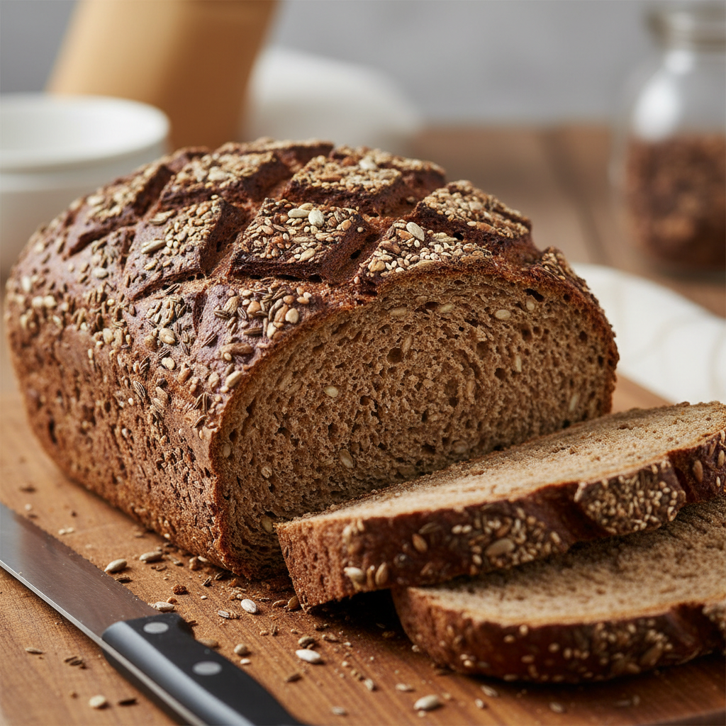 Dark seeded rye loaf with scoring pattern on top, seeds visible on the crust, sliced to show dense crumb