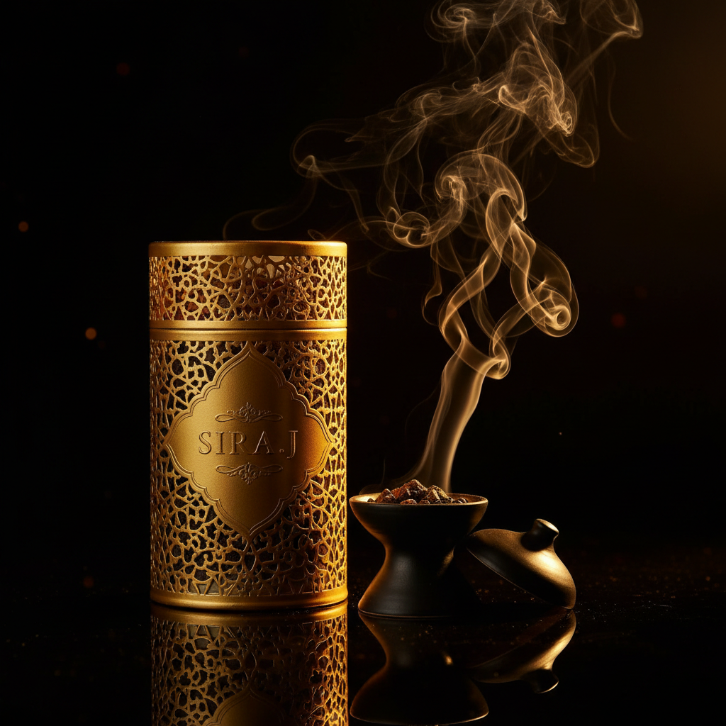 Dark atmospheric bakhoor smoke background with warm golden glow, deep shadows, moody cinematic lighting