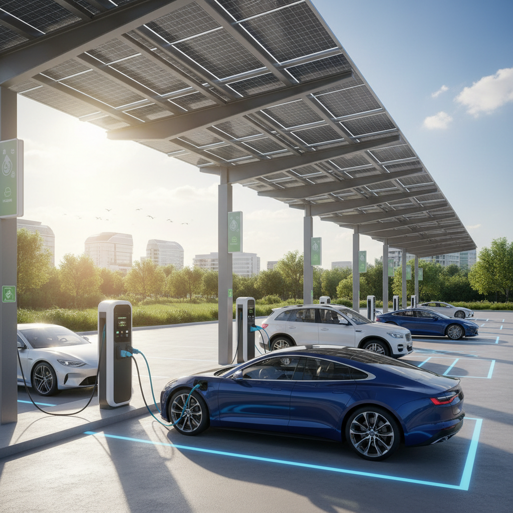 Electric vehicle charging station with multiple EVs plugged in, representing the global shift away from fossil fuel consumption