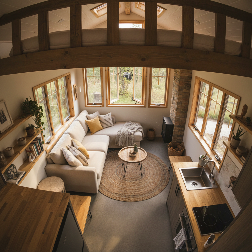 View from a sleeping loft looking down into a tiny house living space