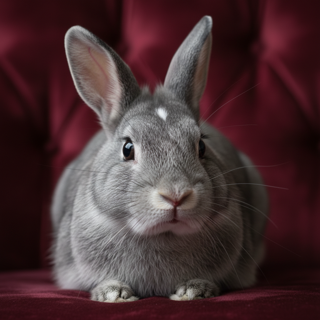 A beautiful grey Holland Lop rabbit posed regally on a burgundy velvet cushion, ears perfect, eyes bright, studio lit