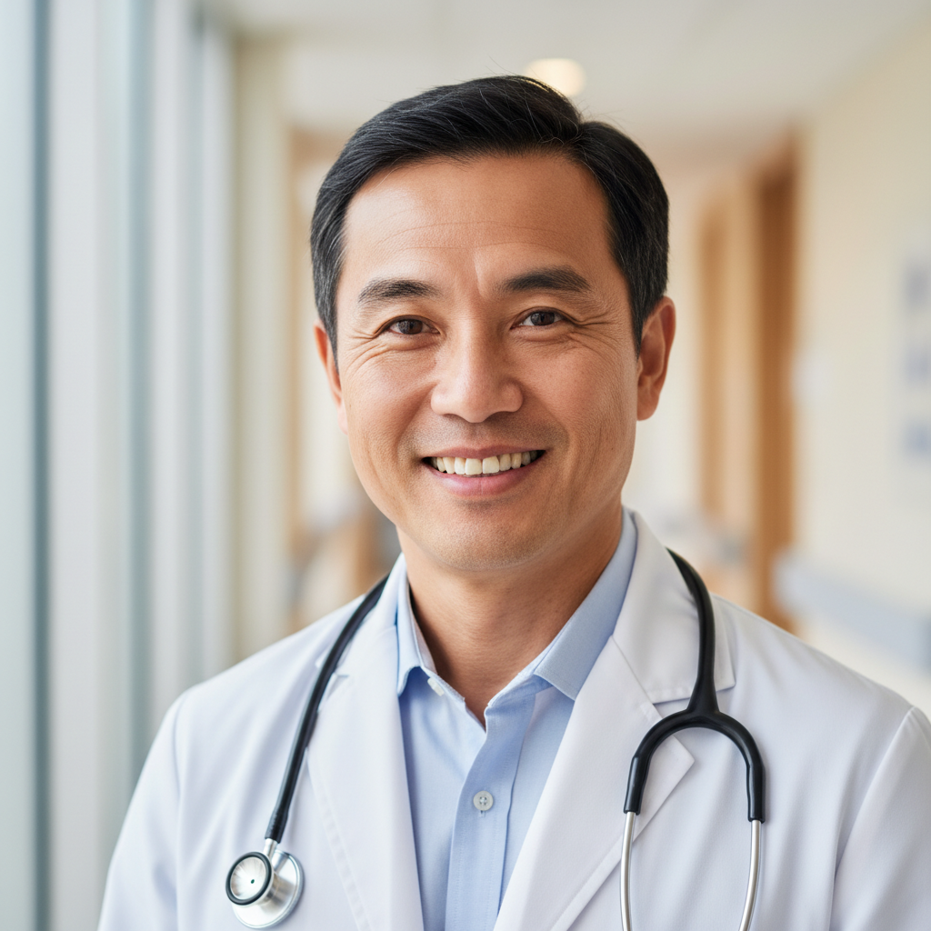 Asian male doctor in white coat with stethoscope in clinical environment