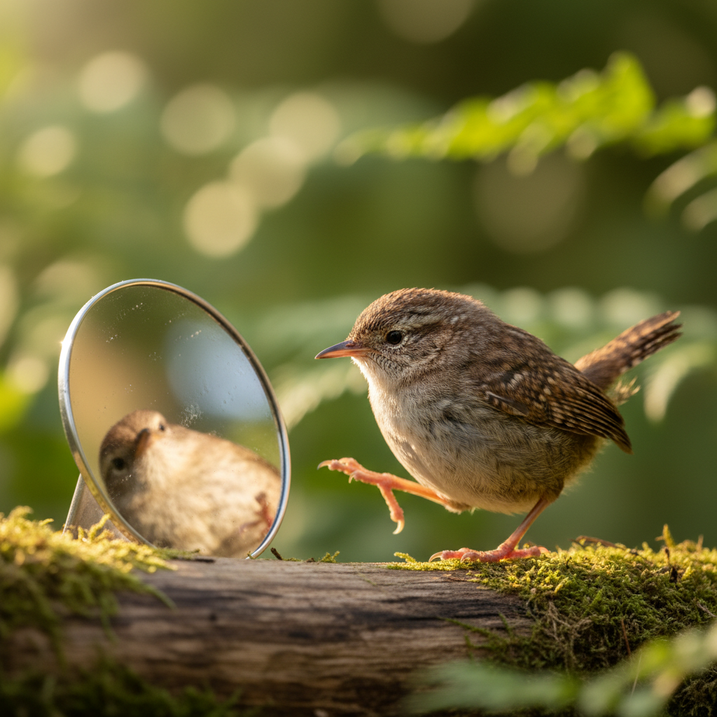 Wren discovering her reflection in a low mirror, paw raised to touch the glass