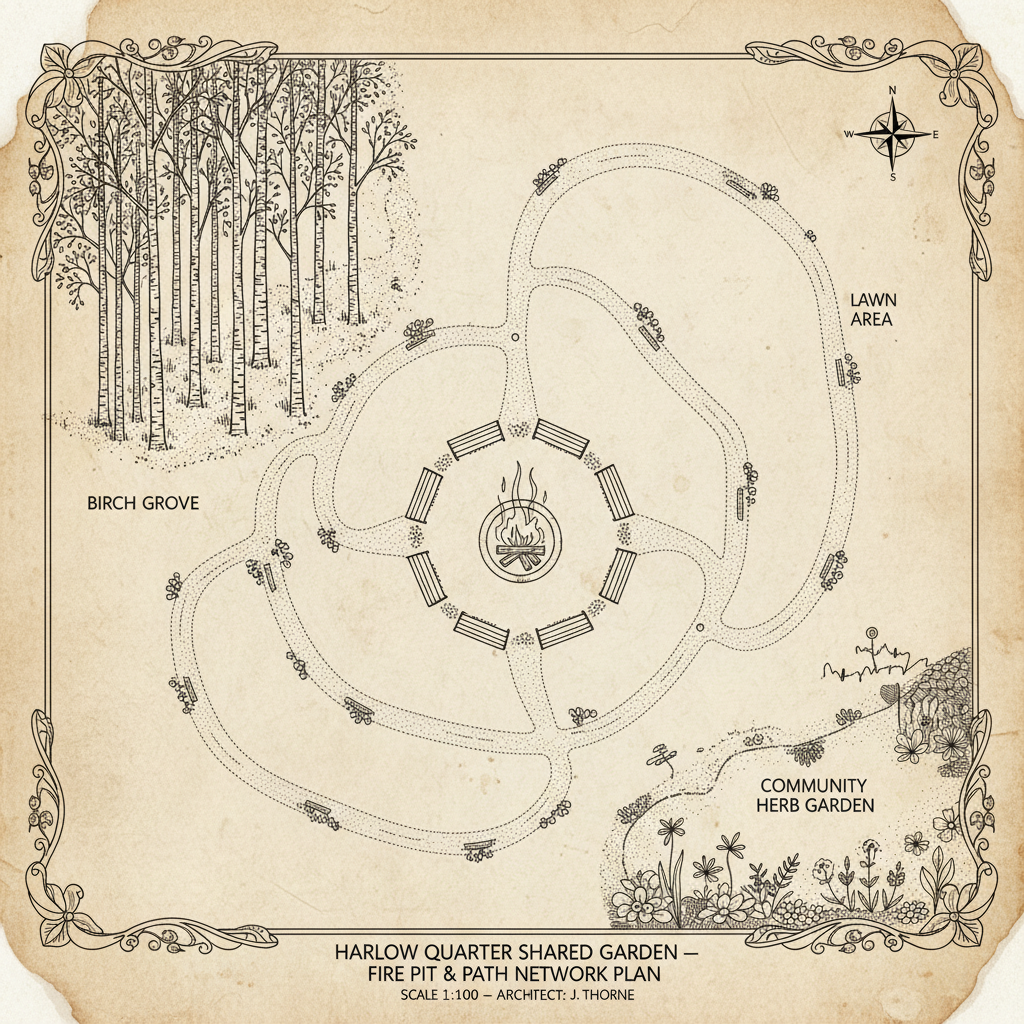 Ink plan of the Harlow Quarter shared garden showing fire pit placement, path network, and birch grove