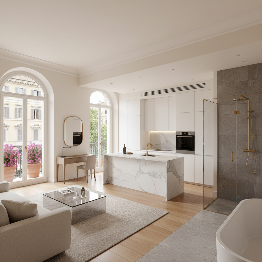Expansive large-format white marble floor tiles in bright open-plan luxury apartment with floor-to-ceiling windows