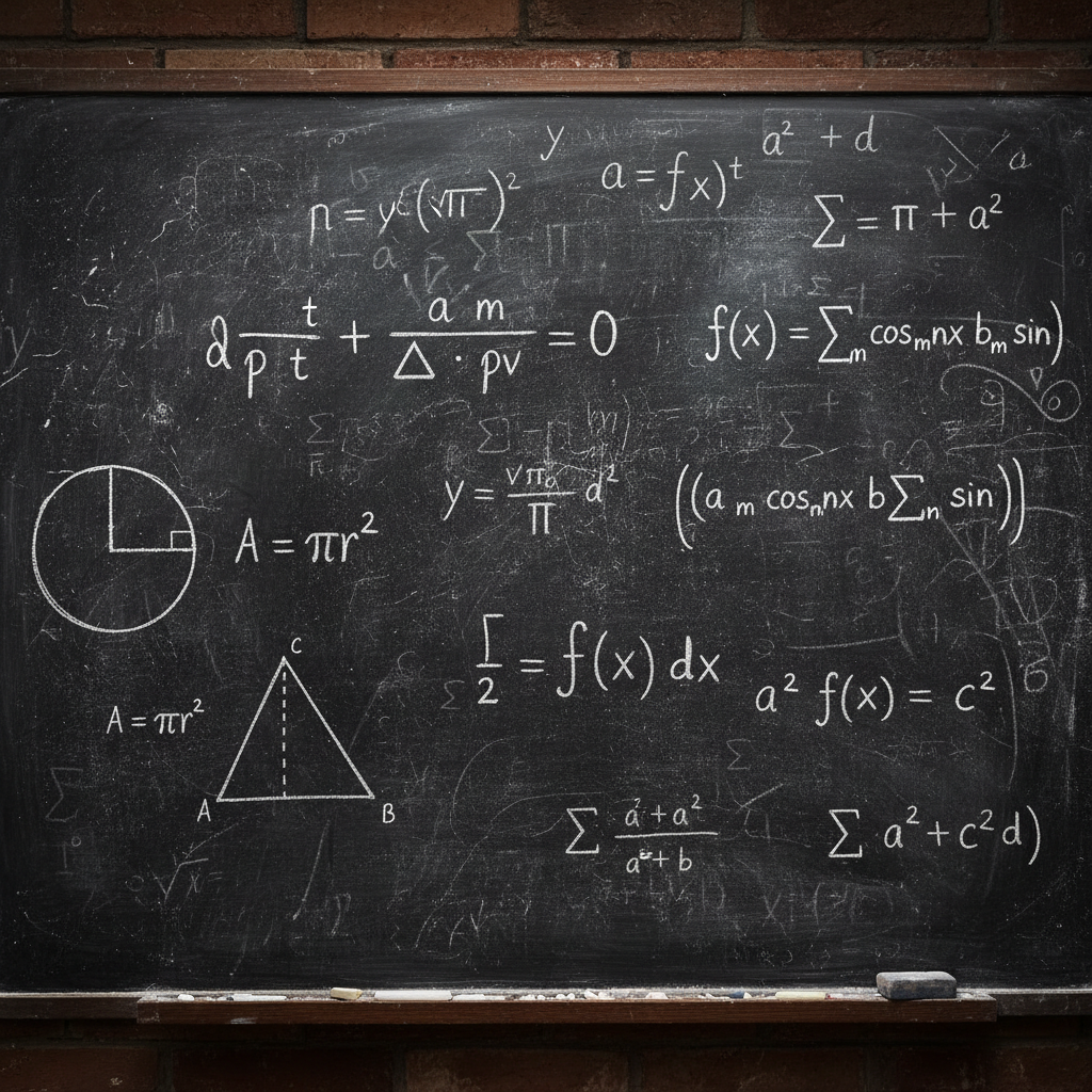 Geometric shapes and triangle diagrams on dark chalkboard with blue lighting
