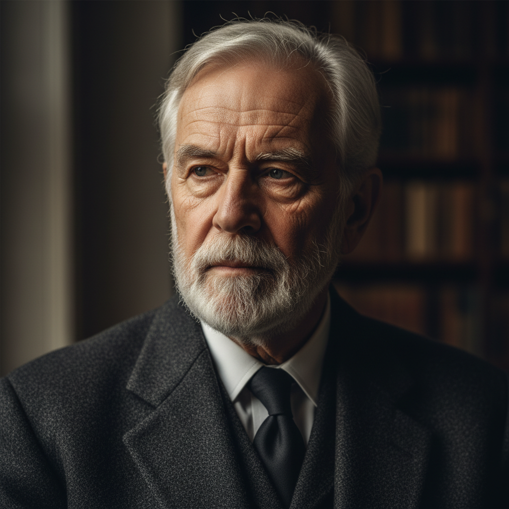 Mature British gentleman collector, distinguished expression, dark studio portrait
