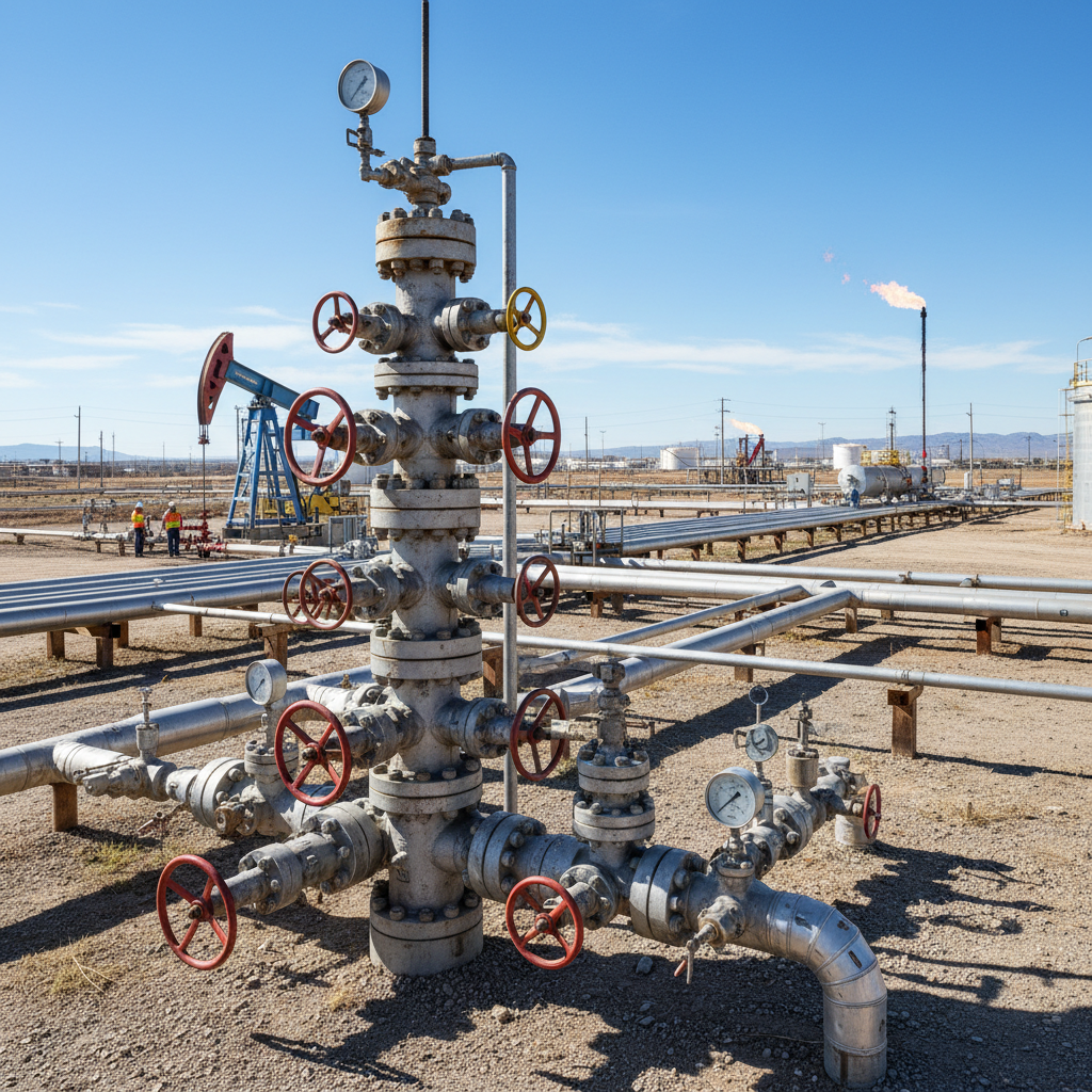 Oil wellhead and Christmas tree equipment at production facility, industrial petroleum infrastructure
