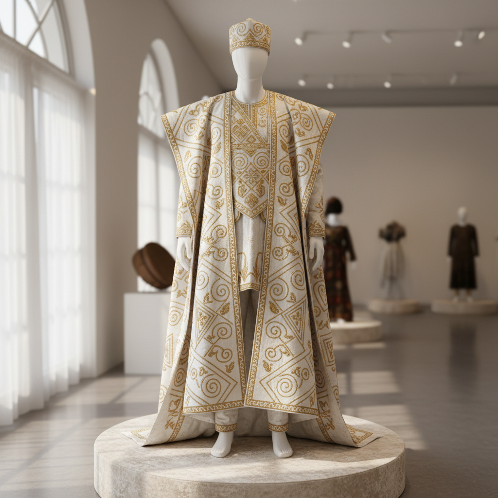 Ceremonial agbada robe displayed on mannequin, rich fabric, studio lighting