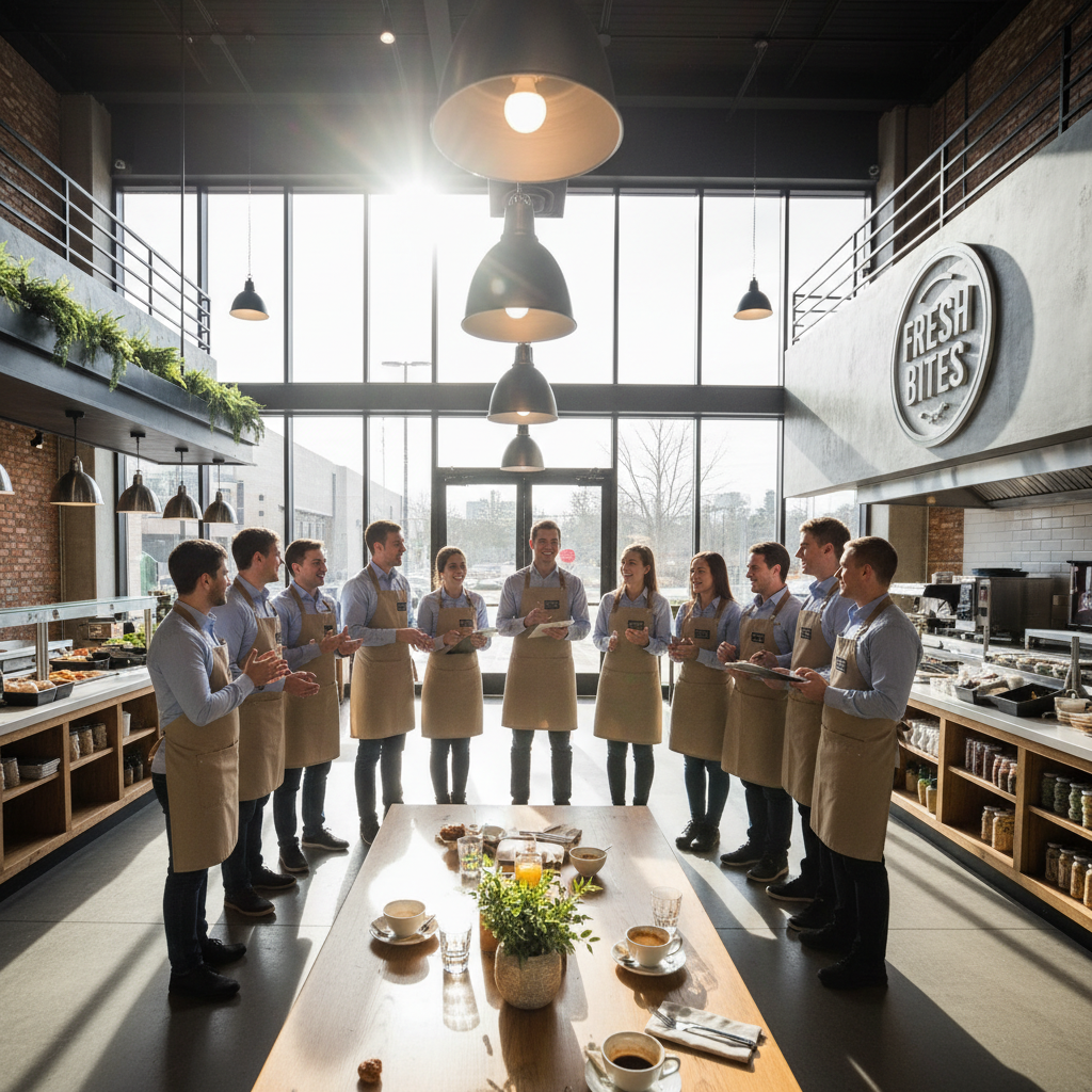 Fast-casual restaurant team gathered for morning briefing, energetic atmosphere, staff in uniform