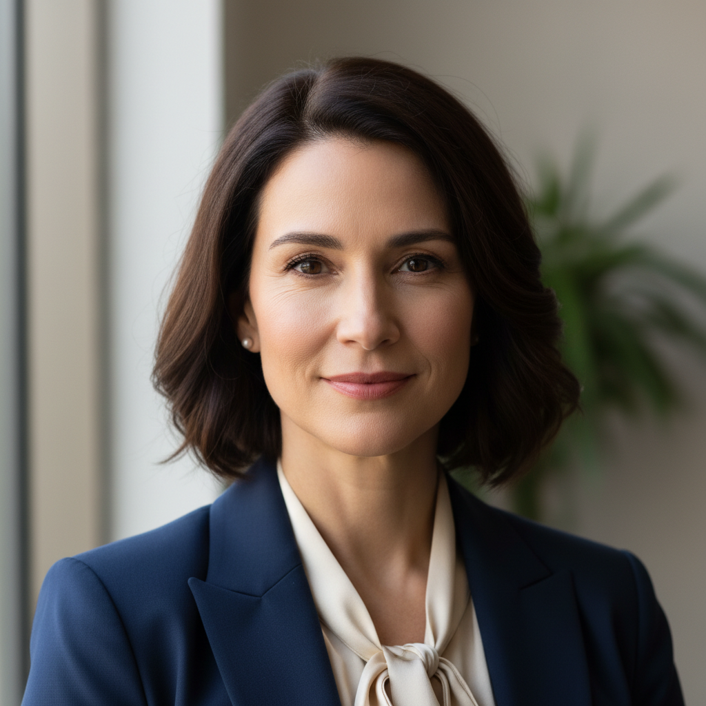 Professional woman in her late thirties with a calm, confident expression