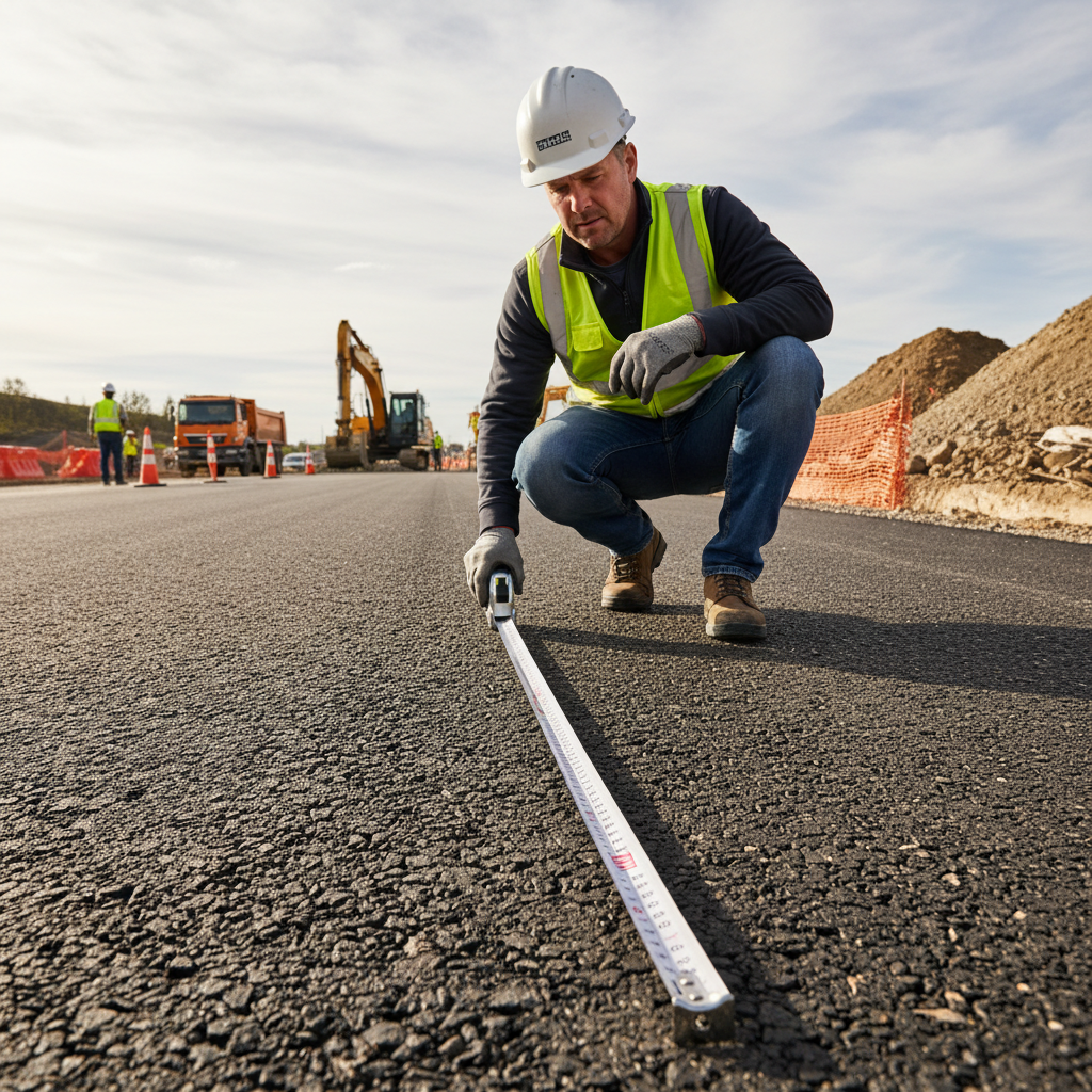 Site inspector measuring road surface with measuring tape