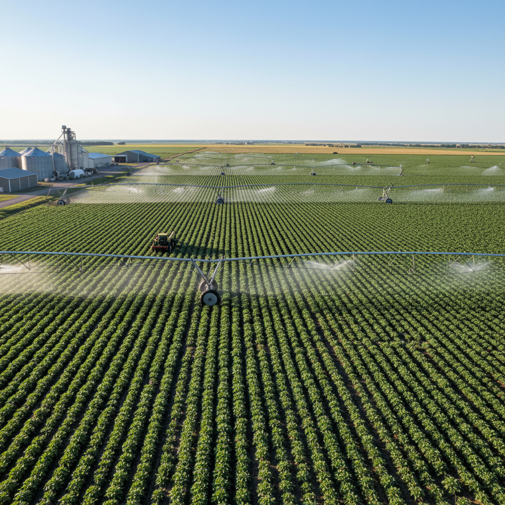 Large agricultural facility with irrigation equipment and crop rows stretching to the horizon