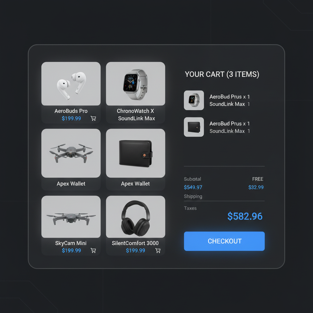 Fashion e-commerce store products displayed on dark background with analytics dashboard showing upward trend