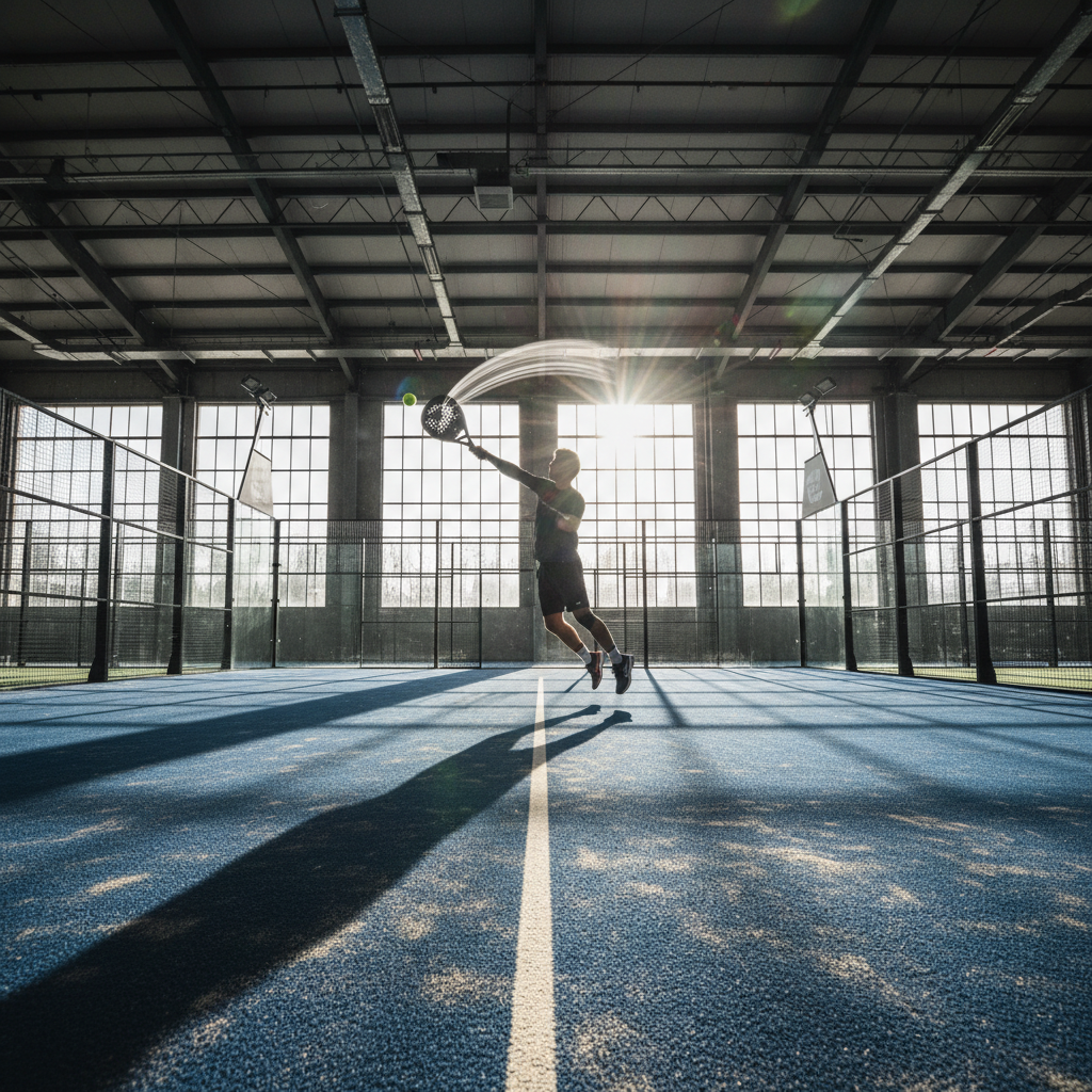 Slow-motion bandeja shot on padel court with motion blur and industrial warehouse ceiling