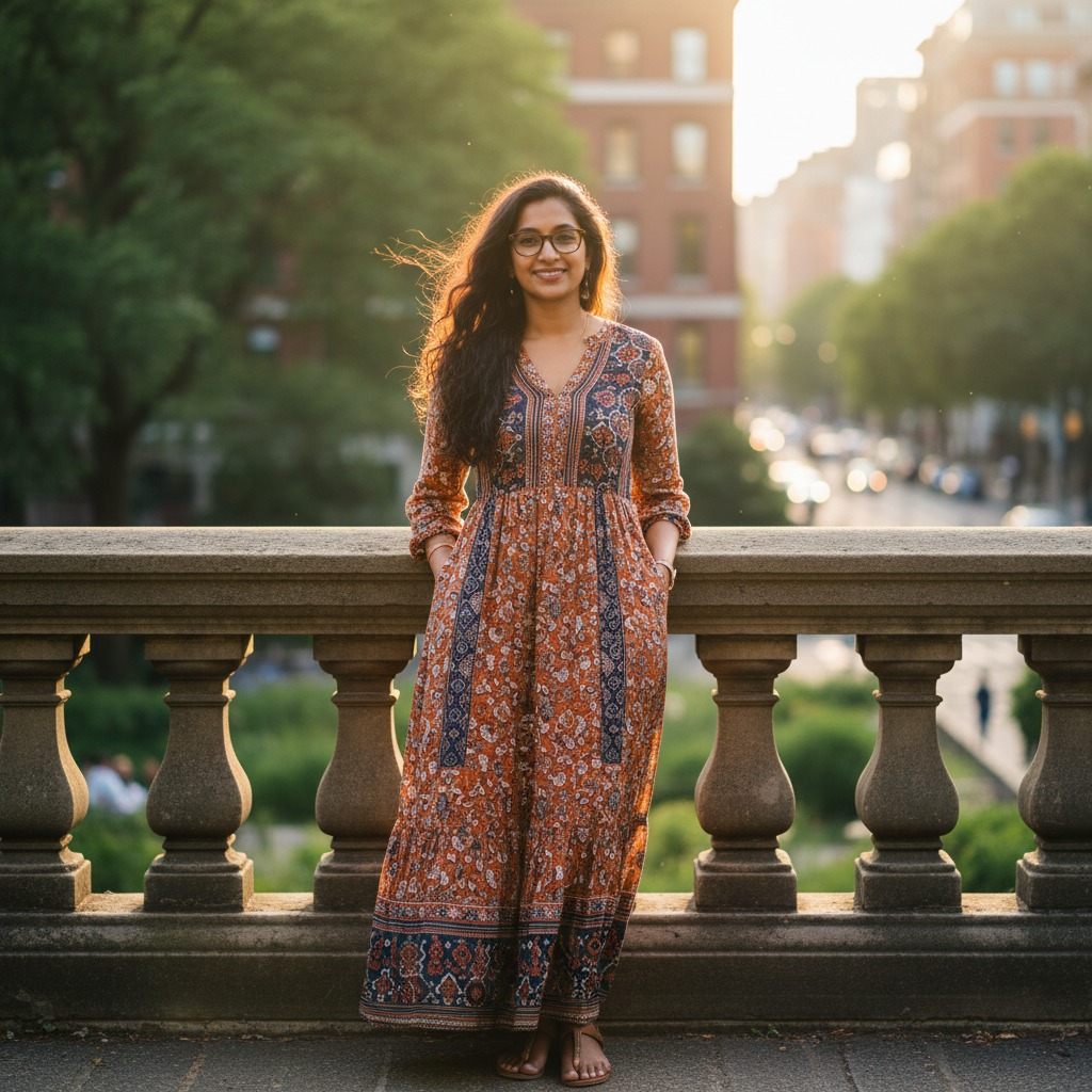 South Asian woman with long hair and glasses, Austin Texas glider parent of three