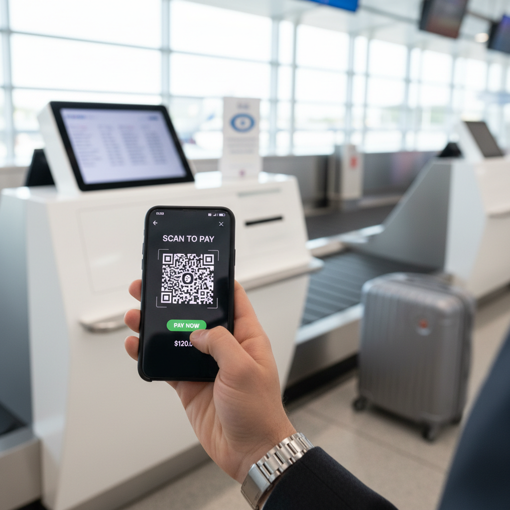 Person scanning QR code on mobile phone at a modern ticket counter