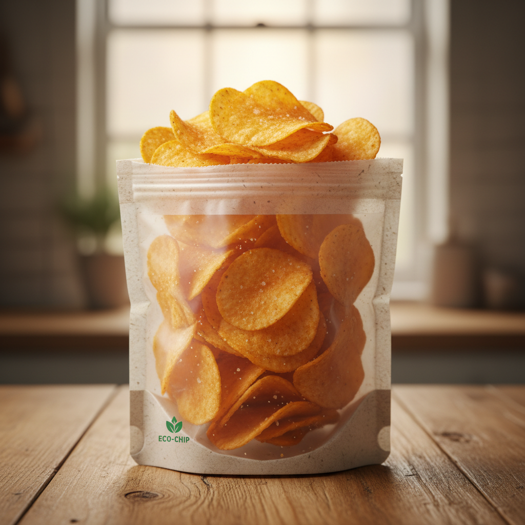Crispy potato chips spilling out of a yellow bag on a white surface