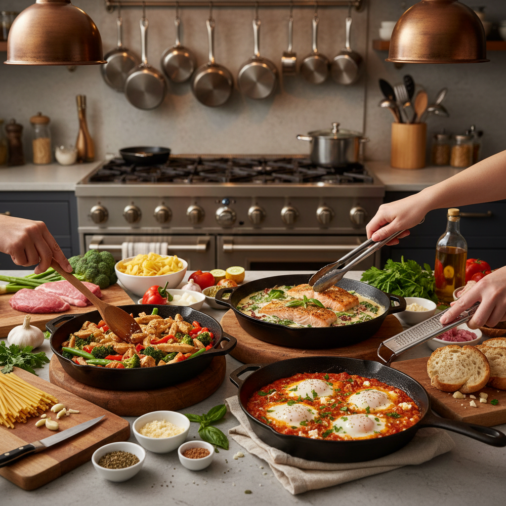 Three cast iron skillets nested together on a wooden surface