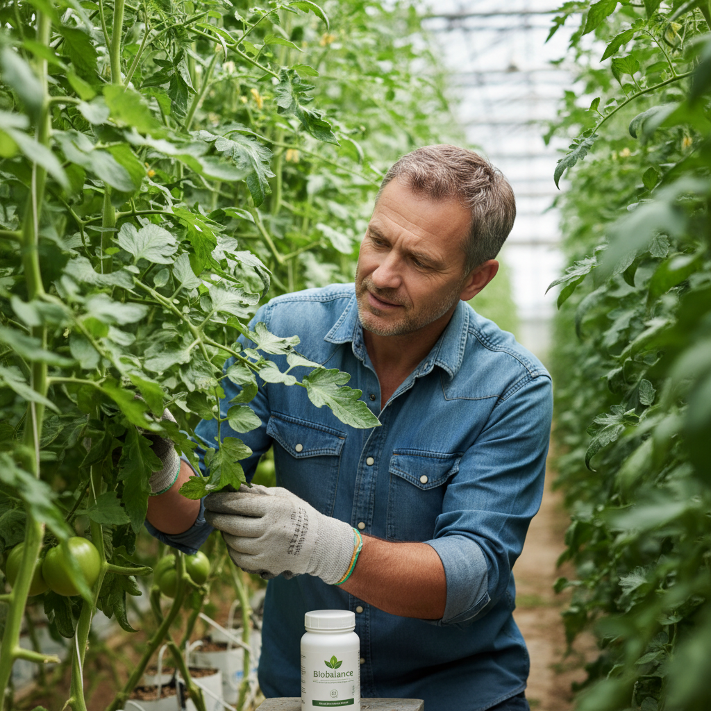 Farmer checking crop health in green field, bright daylight, healthy plants