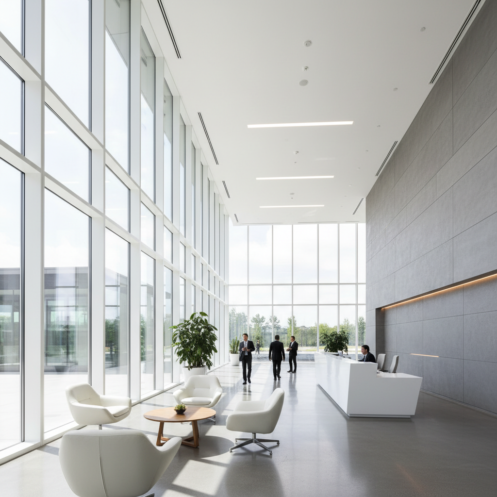 Bright modern corporate office lobby with glass walls, clean white interior, professional business environment with natural light