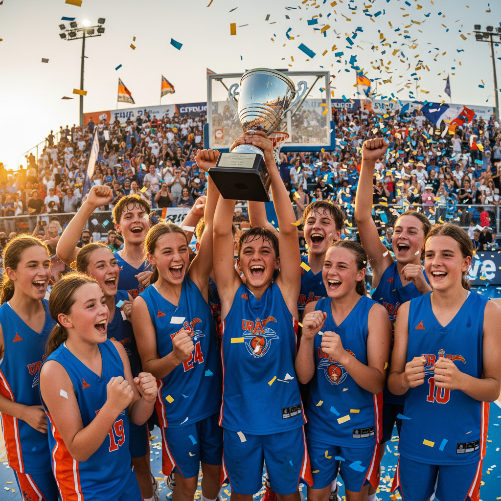 Youth basketball championship trophy ceremony with excited young players