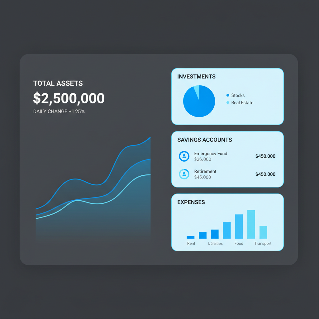 Dark sleek finance dashboard interface, dim blue-grey lighting, professional corporate environment