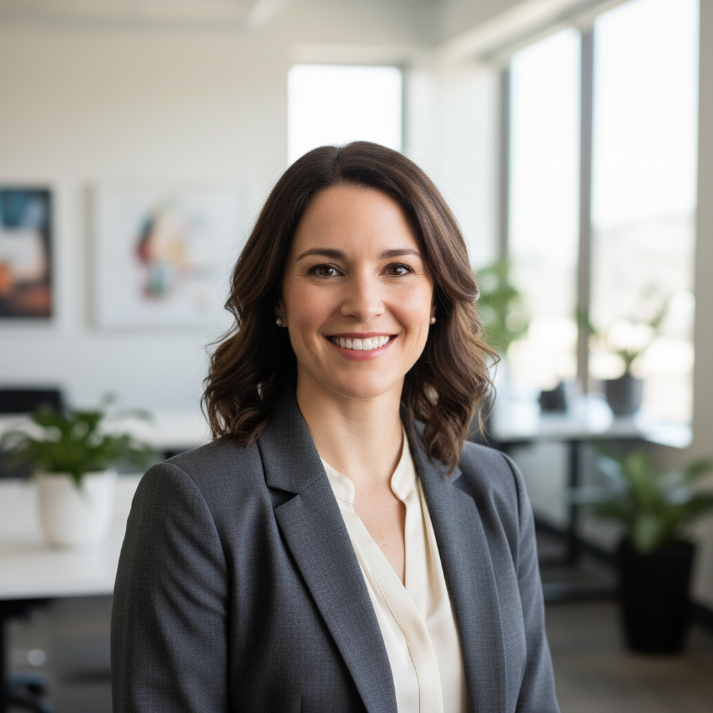 Professional woman CPA partner, dark blazer, confident smile in office setting