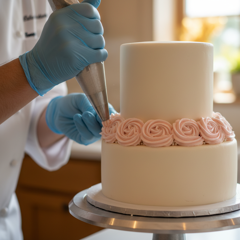 Baker's hands carefully decorating a cake with piping bag in warm bakery kitchen, natural light