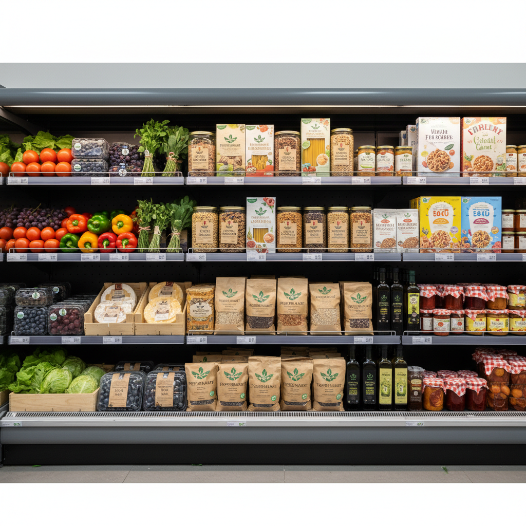 Full grocery shopping basket with packaged goods and fresh produce items