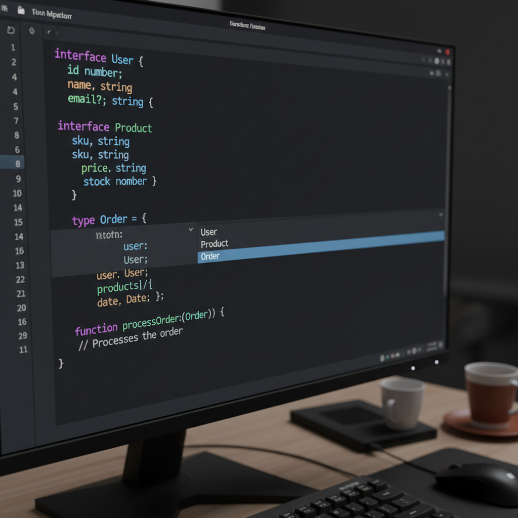 Clean code editor showing TypeScript code with zero errors indicator and test coverage panel