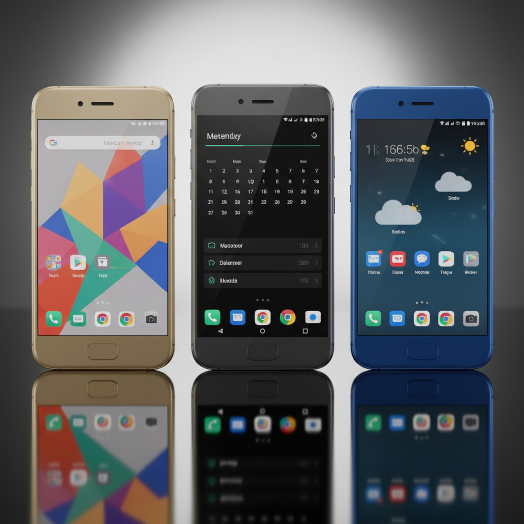 Various smartphone models on a dark reflective surface with cool blue ambient lighting