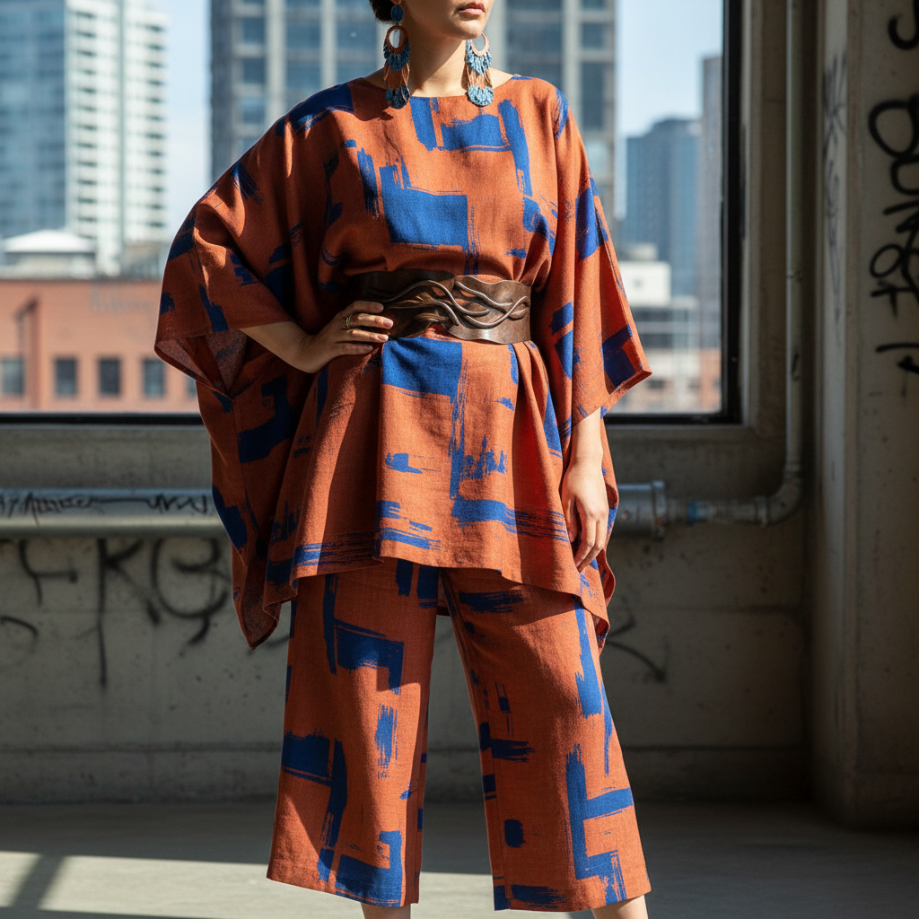 Modern printed blazer co-ord set, editorial fashion photography, bold style