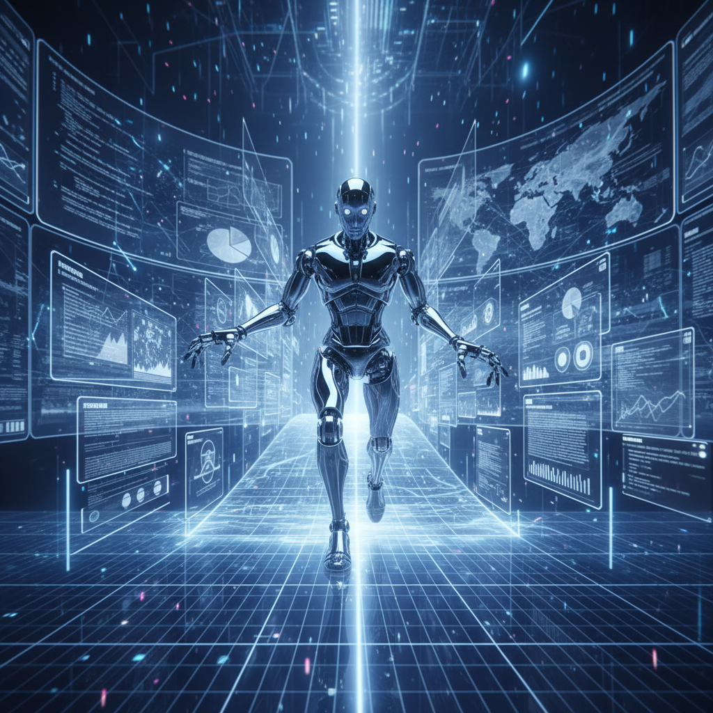 Robot agent navigating digital environment with task completion indicators