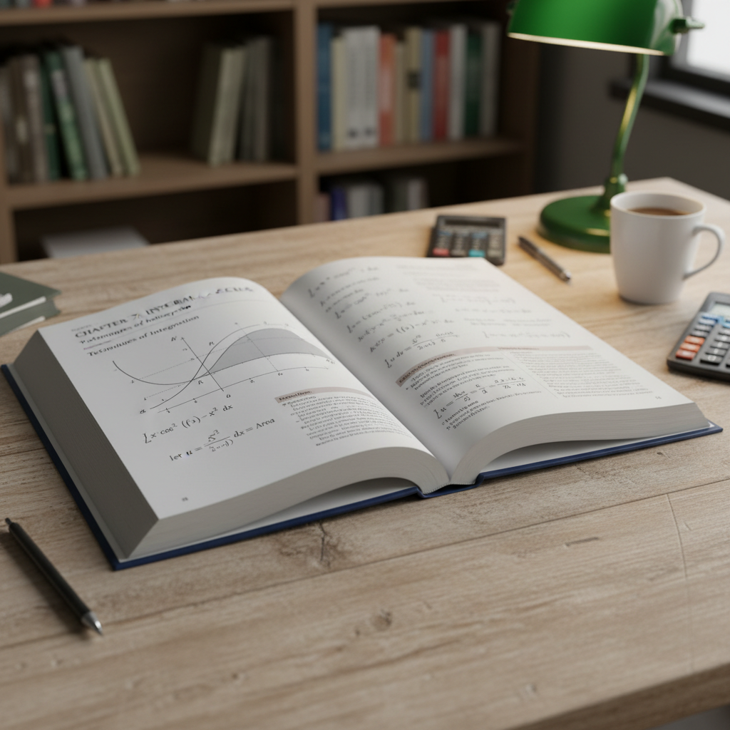 Open academic textbooks and papers on dark wood desk, dim overhead light, scholarly atmosphere