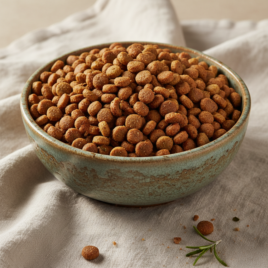 Close-up of amber-colored grain-free kibble tumbling into a ceramic bowl with steam rising from warm bone broth topper, warm morning light from the side