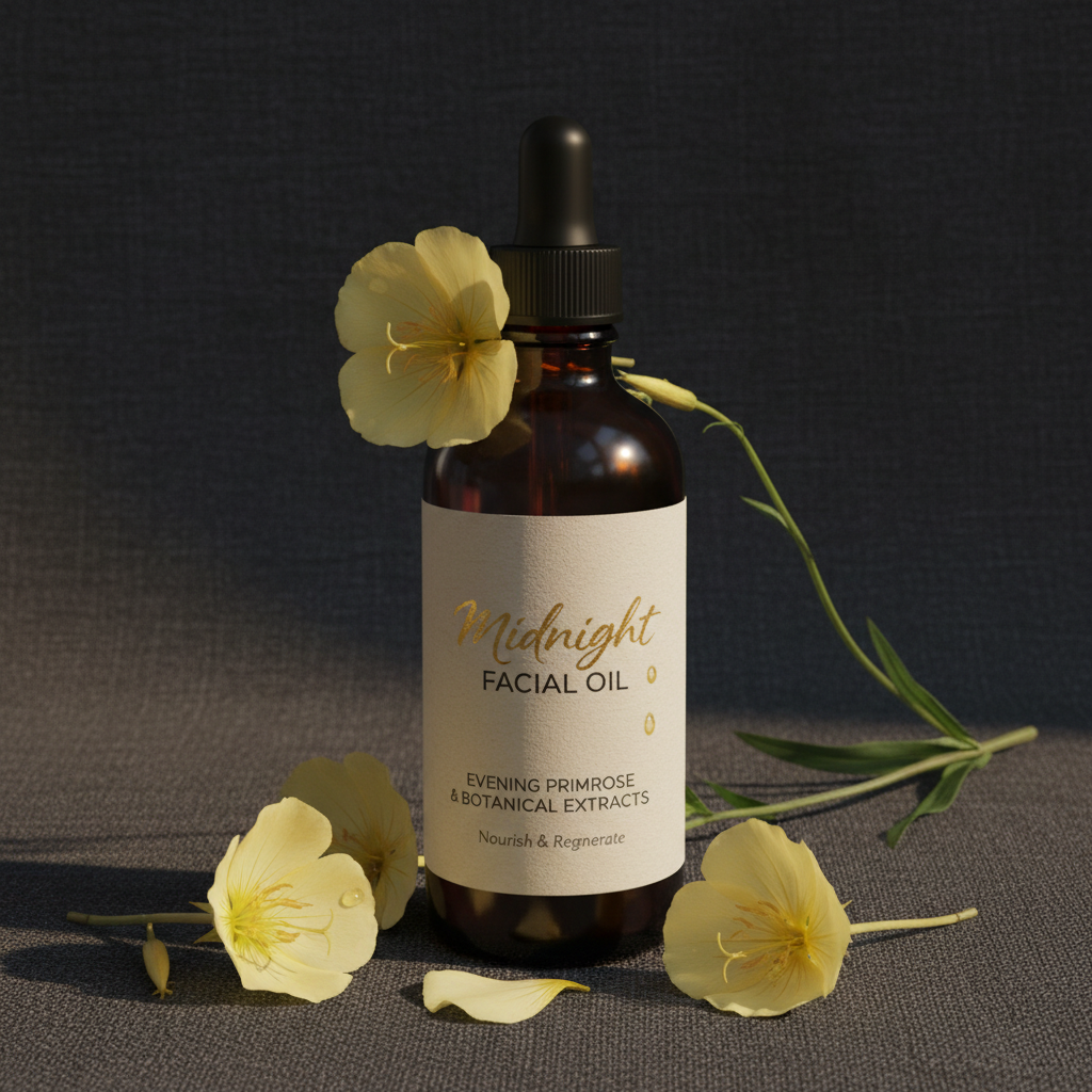 Dark amber facial oil dropper bottle surrounded by green botanical plants in moody dim light