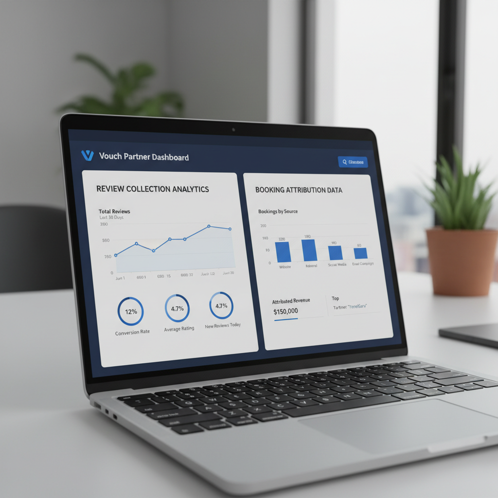 Laptop screen showing Vouch partner dashboard with review collection analytics and booking attribution data