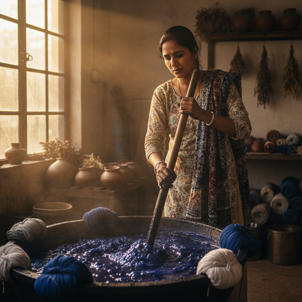 Priya Sharma, textile dyer in Jaipur, stirring an indigo vat with afternoon light streaming through a workshop window