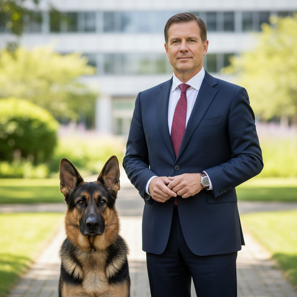 Caleb Thornton, corporate relocation lead, photographed outdoors with a German Shepherd, black and white editorial portrait