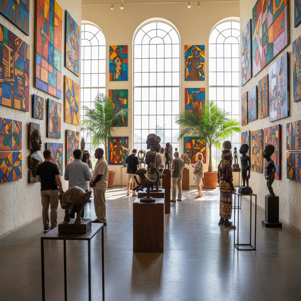 Vibrant African textile patterns and sculptural forms displayed in an open gallery space