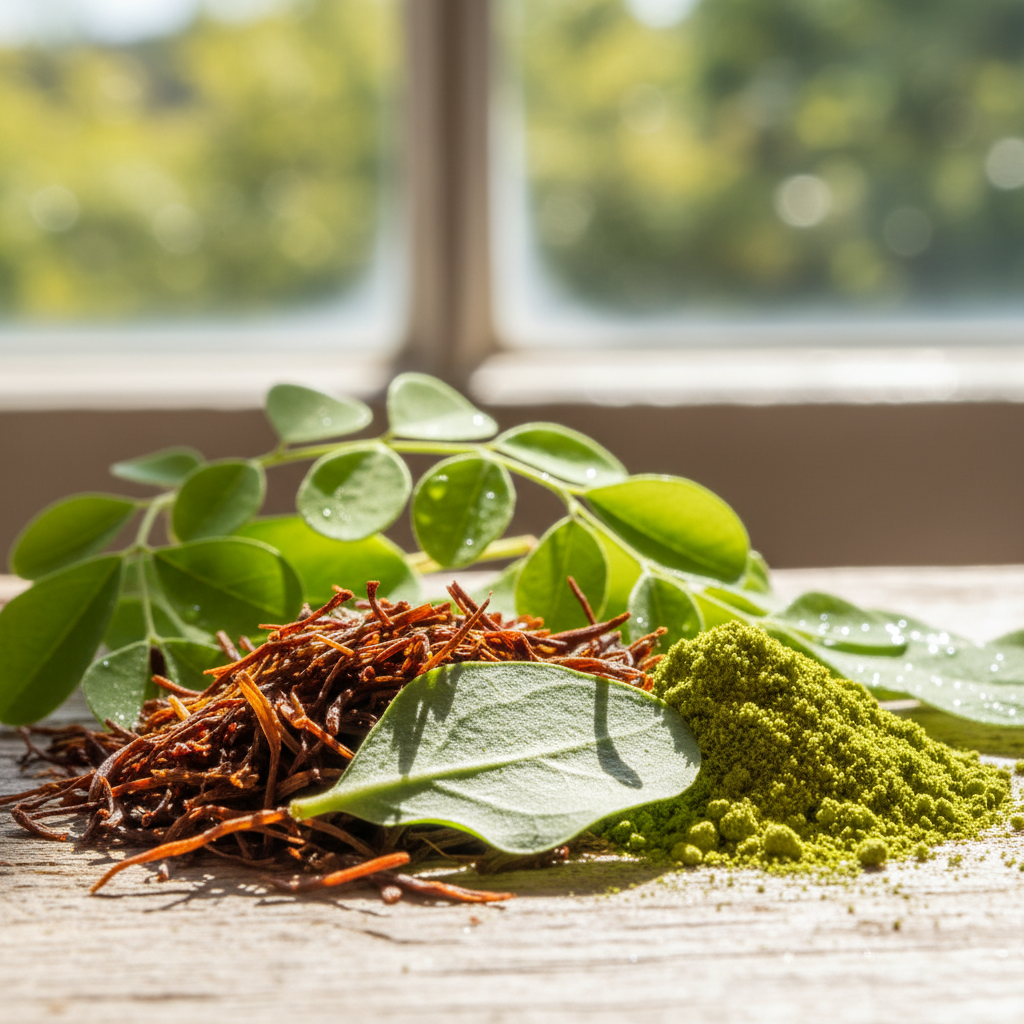 Vibrant herbal ingredients including rooibos, buchu leaves, and moringa in natural sunlight, bright airy kitchen setting
